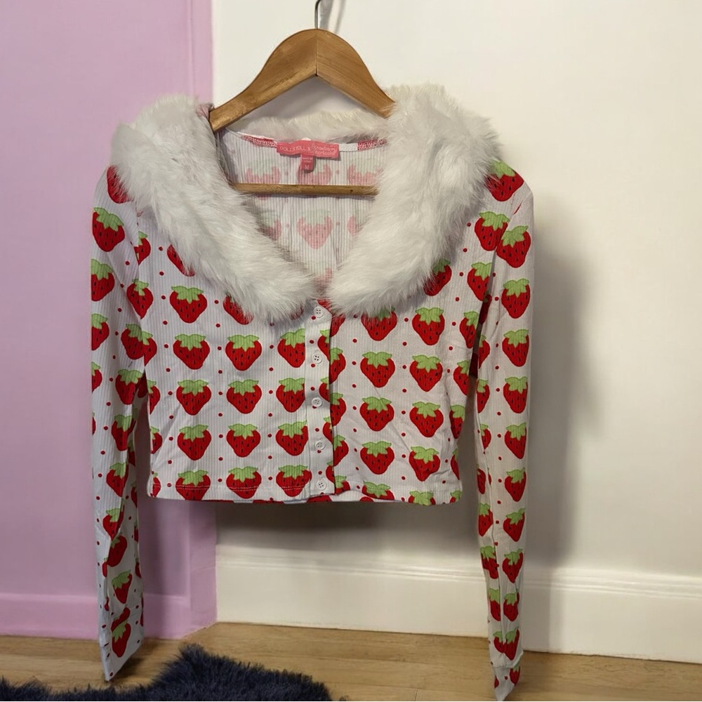 Dolls Kill White Faux Fur Collar Strawberry Print Cropped Cardigan